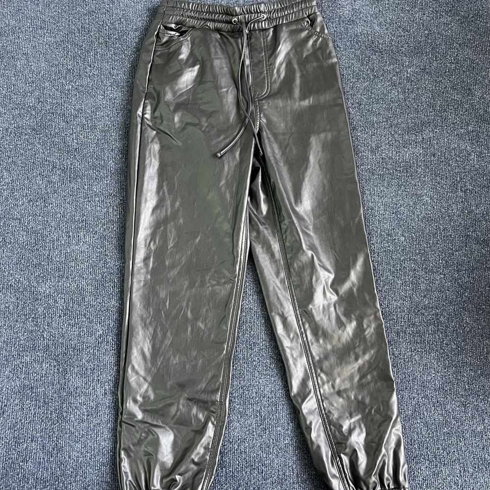 Express Pants Womens Small Gray Faux Leather High Rise Jogger Cuffed Elastic